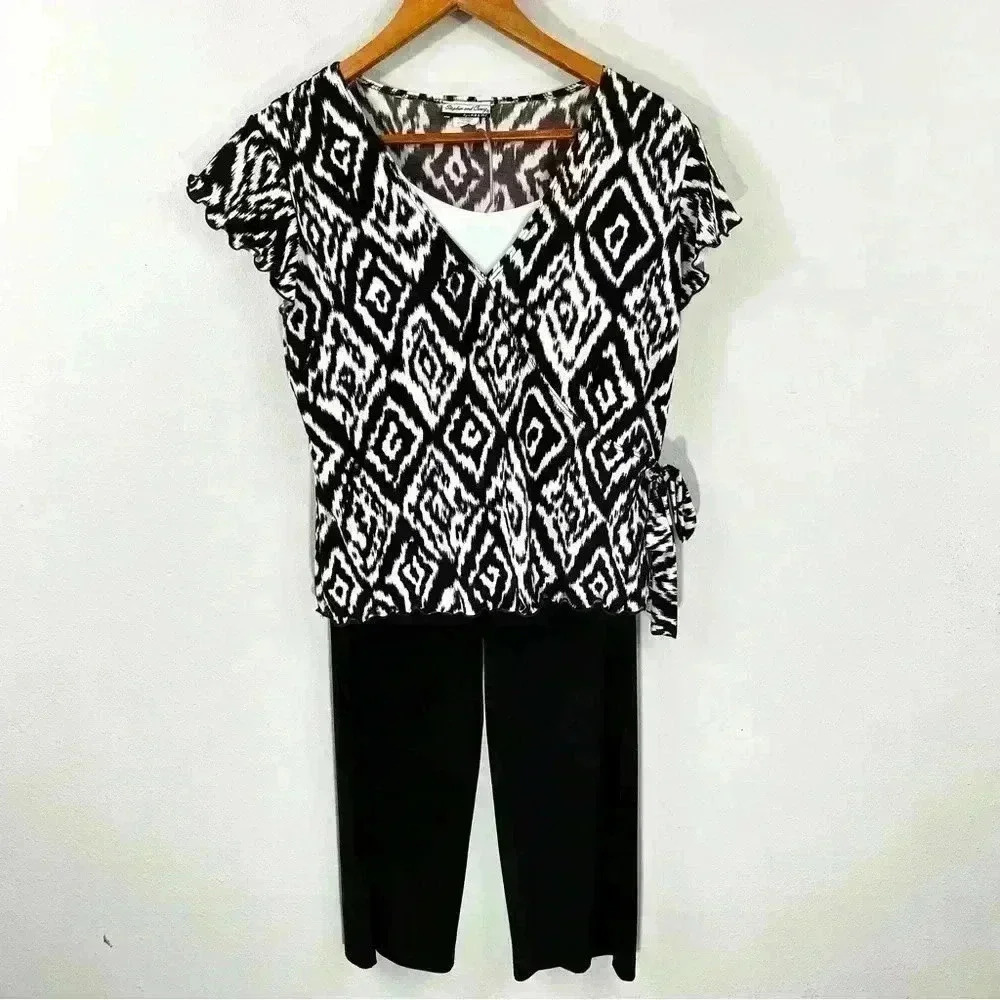Stephen and Casey cream and brown ikat pattern faux wrap top & brown crop pants